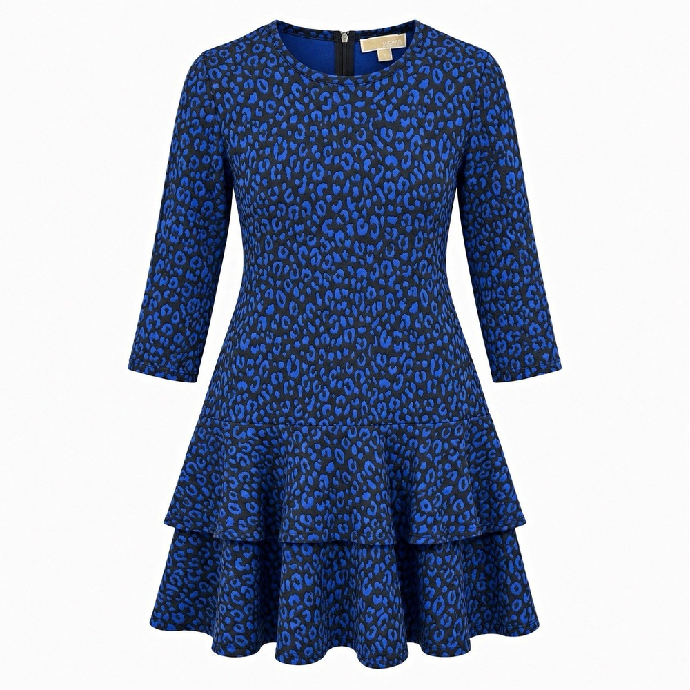 Michael Michael Kors Dress Petite Large Blue Black Leopard Print Tiered Knit